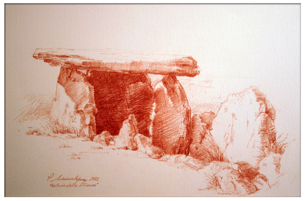 disegno a sanguigna del Dolmen della Chianca